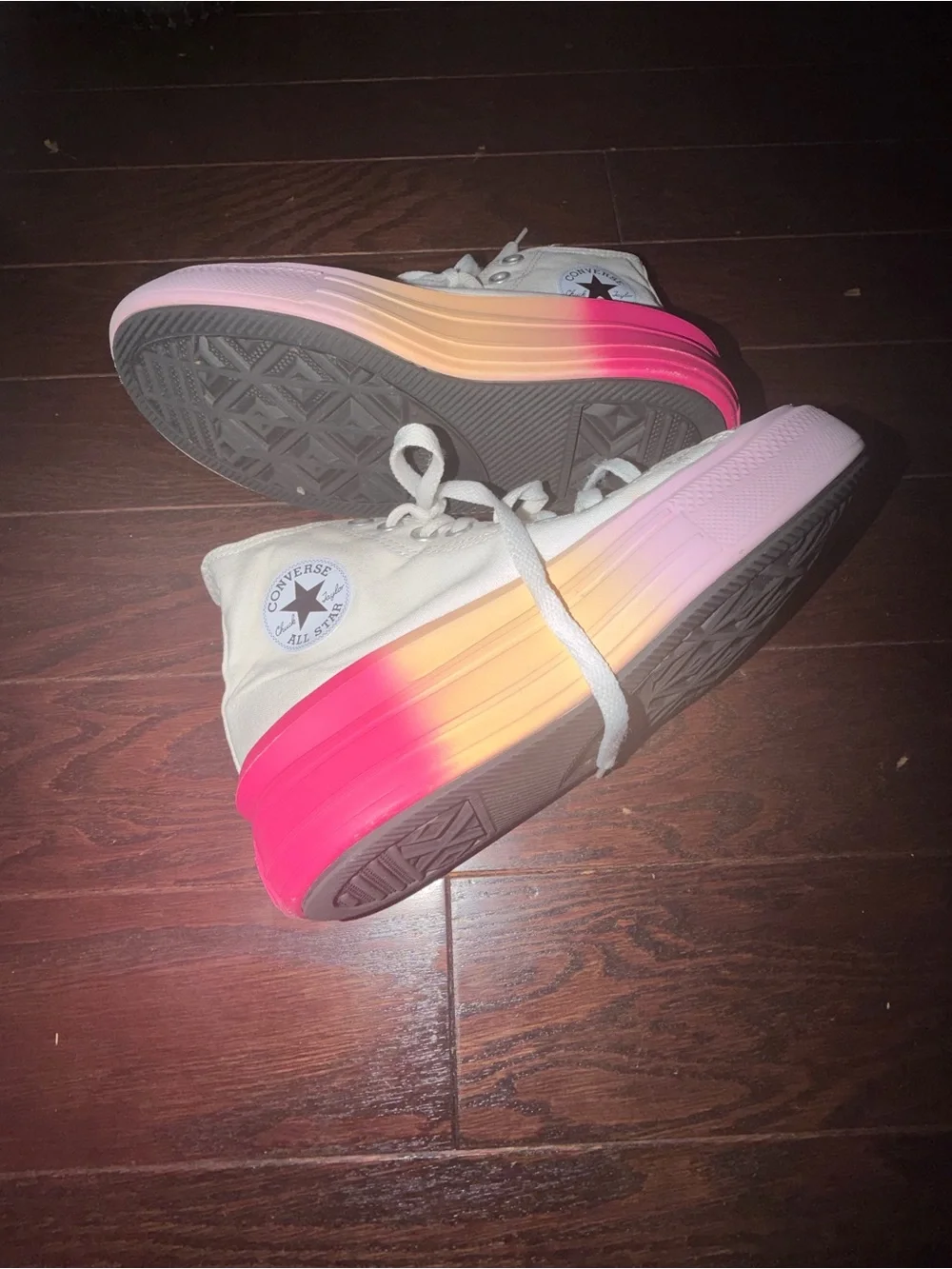Girls Converse High Top Platform Sneakers in White with Pink and Orange Sole